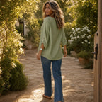 Women's Relaxed Linen Blend Top with Side-Button Hem & Roll-Tab Sleeves - Back View