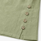 Women's Relaxed Linen Blend Top with Side-Button Hem & Roll-Tab Sleeves - Button Detail