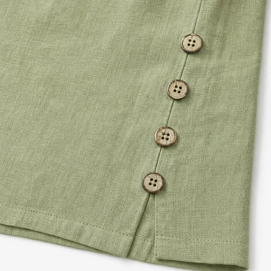 Women's Relaxed Linen Blend Top with Side-Button Hem & Roll-Tab Sleeves - Button Detail