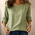 Women's Relaxed Linen Blend Top with Side-Button Hem & Roll-Tab Sleeves - Front Close Up
