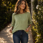 Women's Relaxed Linen Blend Top with Side-Button Hem & Roll-Tab Sleeves - Front Full Smile