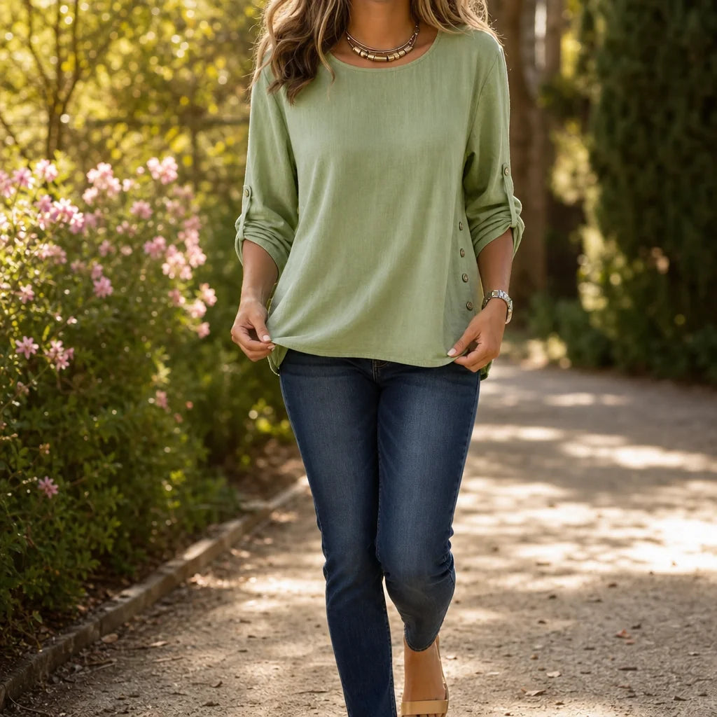 Women's Relaxed Linen Blend Top with Side-Button Hem & Roll-Tab Sleeves - Front Walking