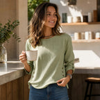 Women's Relaxed Linen Blend Top with Side-Button Hem & Roll-Tab Sleeves - Lifestyle Kitchen
