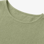 Women's Relaxed Linen Blend Top with Side-Button Hem & Roll-Tab Sleeves - Neckline Detail