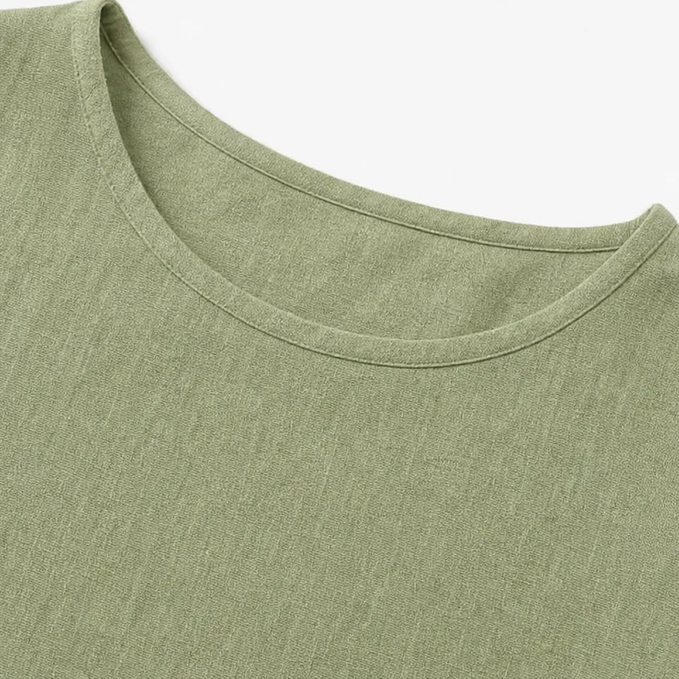 Women's Relaxed Linen Blend Top with Side-Button Hem & Roll-Tab Sleeves - Neckline Detail