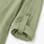 Women's Relaxed Linen Blend Top with Side-Button Hem & Roll-Tab Sleeves - Sleeve Tab Detail