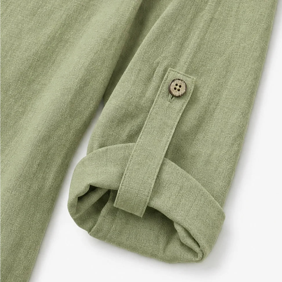 Women's Relaxed Linen Blend Top with Side-Button Hem & Roll-Tab Sleeves - Sleeve Tab Detail