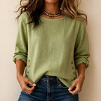 Green Women's Relaxed Linen Blend Top with Side-Button Hem & Roll-Tab Sleeves
