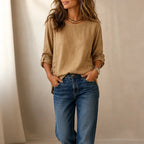 Women's Relaxed Linen Blend Top with Side-Button Hem & Roll-Tab Sleeves - Front Pose