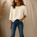 Khaki Women's Relaxed Linen Blend Top with Side-Button Hem & Roll-Tab Sleeves