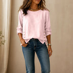 Pink Women's Relaxed Linen Blend Top with Side-Button Hem & Roll-Tab Sleeves