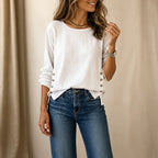White Women's Relaxed Linen Blend Top with Side-Button Hem & Roll-Tab Sleeves - Front Pose