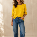 Yellow Women's Relaxed Linen Blend Top with Side-Button Hem & Roll-Tab Sleeves