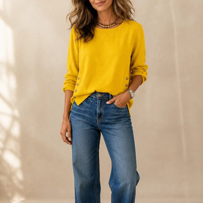 Yellow Women's Relaxed Linen Blend Top with Side-Button Hem & Roll-Tab Sleeves