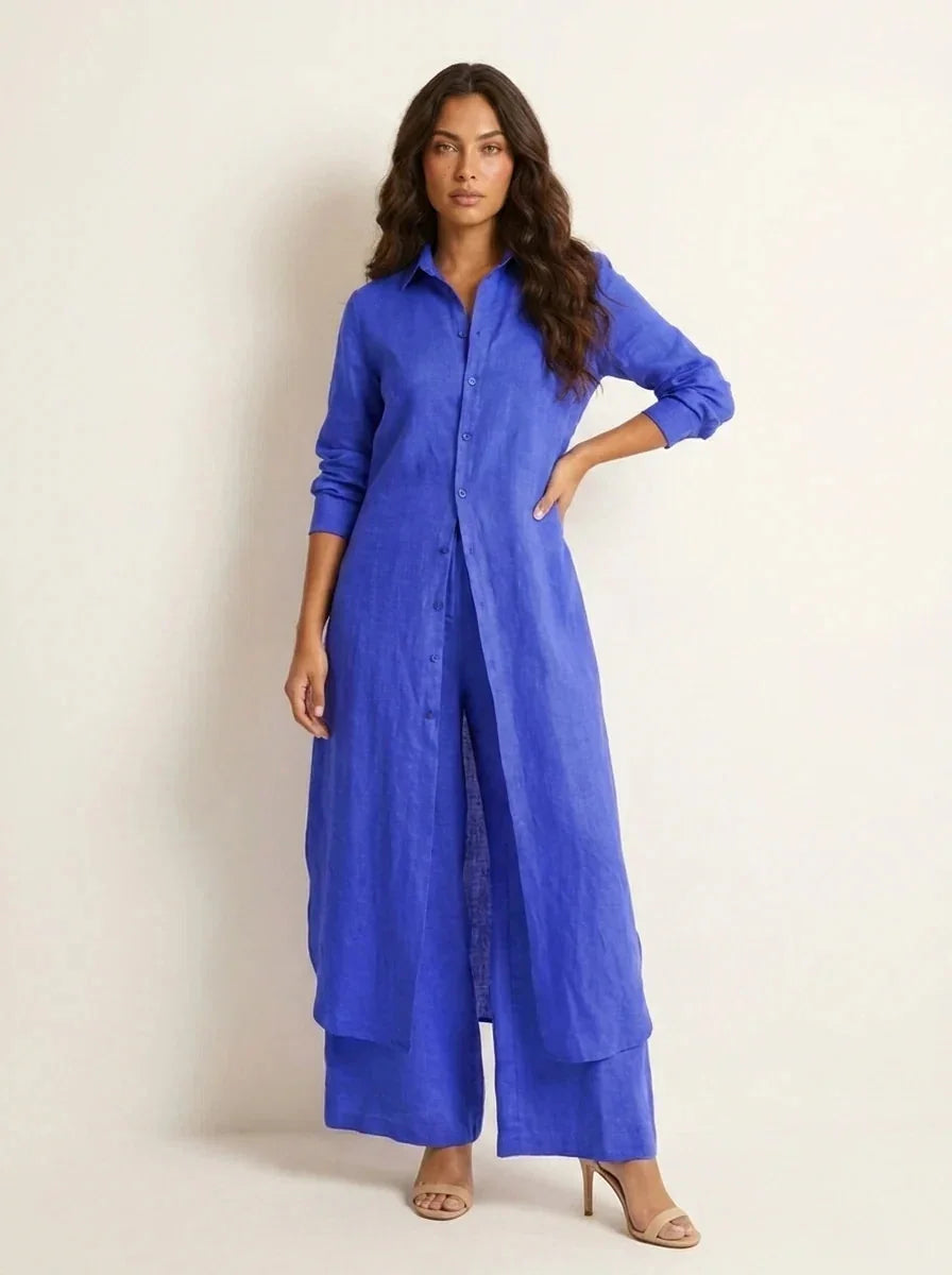 Blue Women's Linen Shirt Dress with Collared Button-Front & Roll-Tab Sleeves
