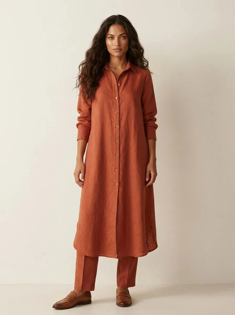 Brown Women's Linen Shirt Dress with Collared Button-Front & Roll-Tab Sleeves