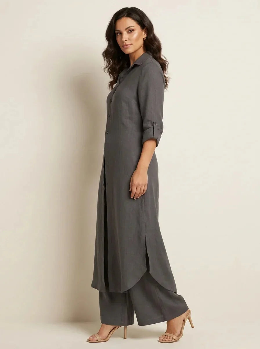 Dark Gray Women's Linen Shirt Dress with Collared Button-Front & Roll-Tab Sleeves — Vita - Side Turn