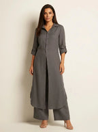 Dark Gray Women's Linen Shirt Dress with Collared Button-Front & Roll-Tab Sleeves