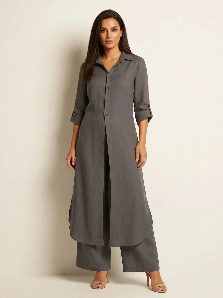Dark Gray Women's Linen Shirt Dress with Collared Button-Front & Roll-Tab Sleeves
