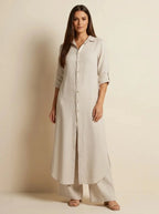 Khaki Women's Linen Shirt Dress with Collared Button-Front & Roll-Tab Sleeves