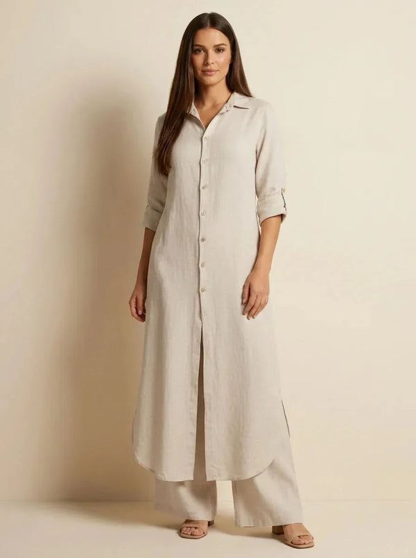 Khaki Women's Linen Shirt Dress with Collared Button-Front & Roll-Tab Sleeves