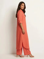 Red Women's Linen Shirt Dress with Collared Button-Front & Roll-Tab Sleeves — Vita - Side Profile