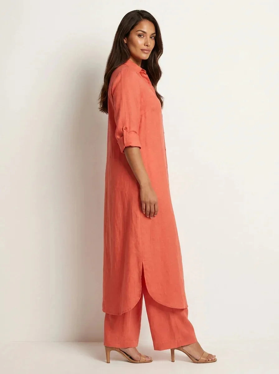 Red Women's Linen Shirt Dress with Collared Button-Front & Roll-Tab Sleeves — Vita - Side Profile