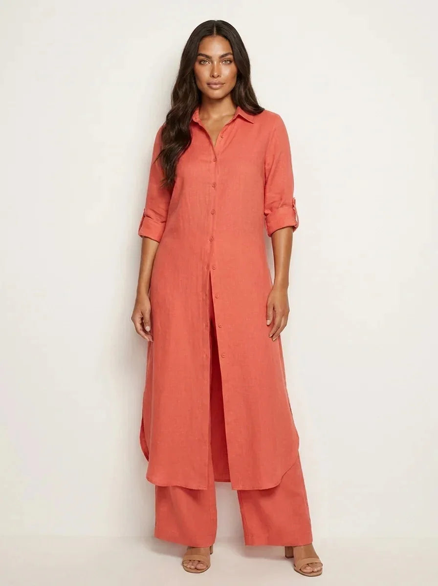 Red Women's Linen Shirt Dress with Collared Button-Front & Roll-Tab Sleeves