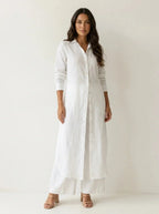 White Women's Linen Shirt Dress with Collared Button-Front & Roll-Tab Sleeves