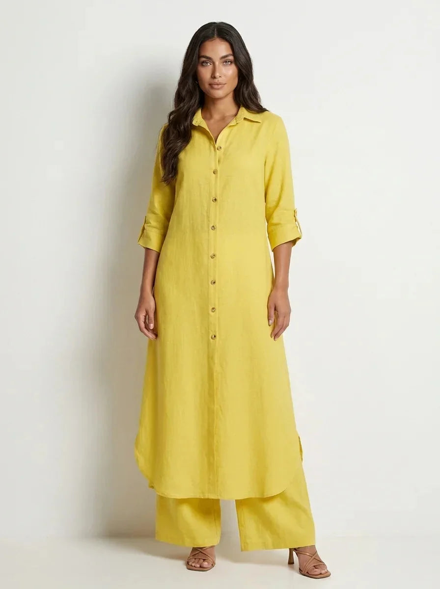 Yellow Women's Linen Shirt Dress with Collared Button-Front & Roll-Tab Sleeves