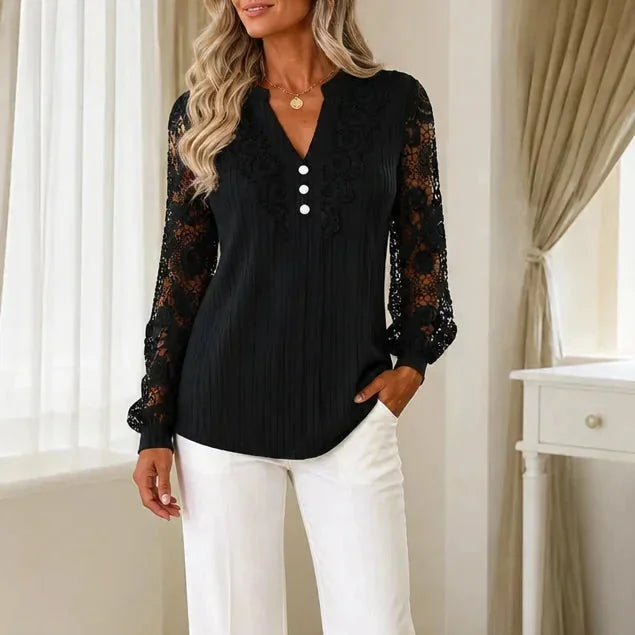 Black Women's Long Sleeve Lace Top with Ribbed Knit & Crochet Trim — Isabella - Studio Pose