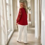 Burgundy Women's Long Sleeve Lace Top with Ribbed Knit & Crochet Trim — Isabella - Back Full