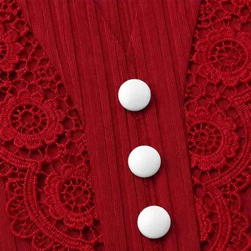 Burgundy Women's Long Sleeve Lace Top with Ribbed Knit & Crochet Trim — Isabella - Button Detail