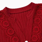 Burgundy Women's Long Sleeve Lace Top with Ribbed Knit & Crochet Trim — Isabella - Close Up Collar