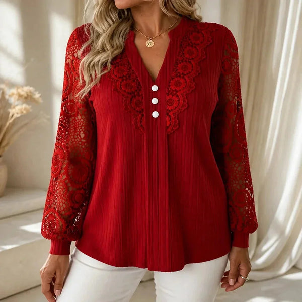 Burgundy Women's Long Sleeve Lace Top with Ribbed Knit & Crochet Trim — Isabella - Close Up Neckline