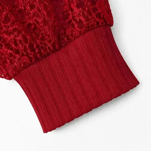 Burgundy Women's Long Sleeve Lace Top with Ribbed Knit & Crochet Trim — Isabella - Cuff Detail