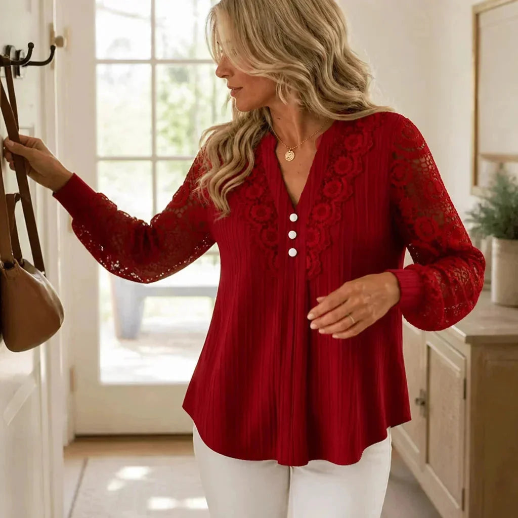 Burgundy Women's Long Sleeve Lace Top with Ribbed Knit & Crochet Trim — Isabella - Entryway Pose