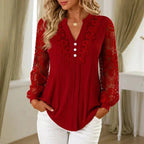 Burgundy Women's Long Sleeve Lace Top with Ribbed Knit & Crochet Trim — Isabella - Front Pose Hand Pocket