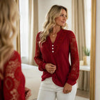 Burgundy Women's Long Sleeve Lace Top with Ribbed Knit & Crochet Trim — Isabella - Mirror Pose