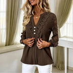 Khaki Women's Long Sleeve Lace Top with Ribbed Knit & Crochet Trim — Isabella - Hands Together Pose