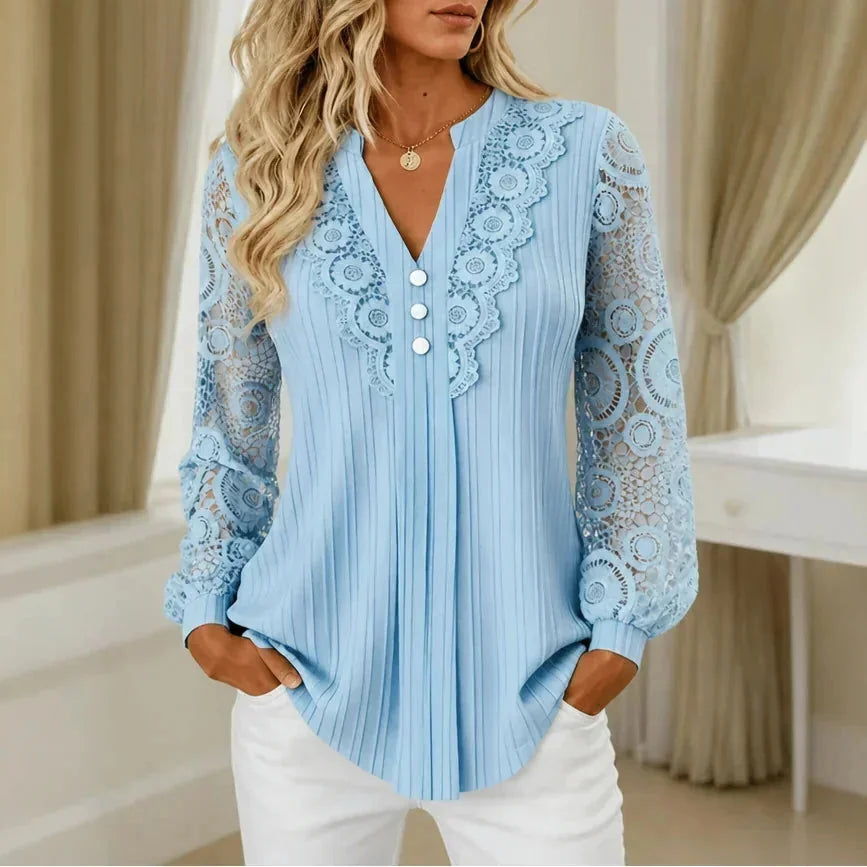 Sky Blue Women's Long Sleeve Lace Top with Ribbed Knit & Crochet Trim — Isabella - Front Pose