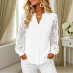 White Women's Long Sleeve Lace Top with Ribbed Knit & Crochet Trim — Isabella - Front Smile Pose