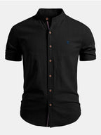 Black Men's Linen Shirt with Mandarin Collar & Slim Everyday Fit — Archie