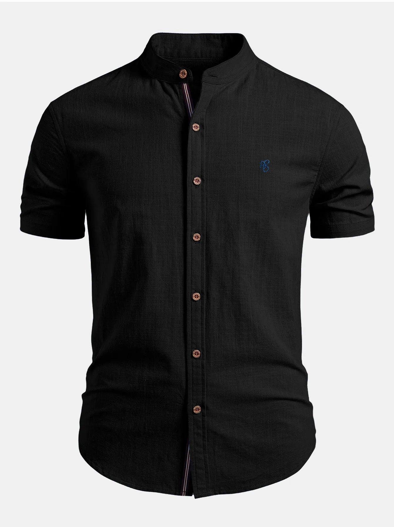 Black Men's Linen Shirt with Mandarin Collar & Slim Everyday Fit — Archie