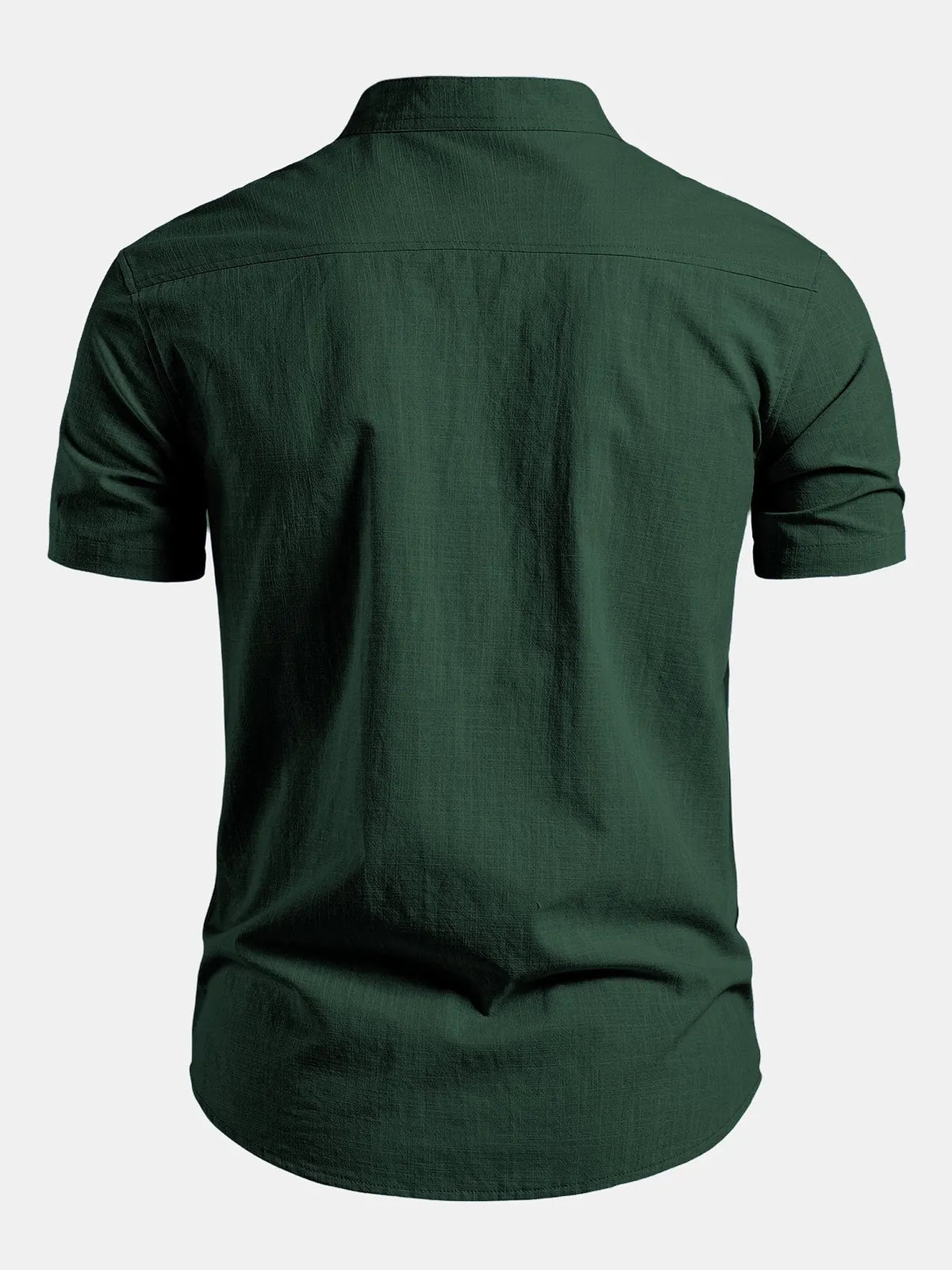 Dark Green Men's Linen Shirt with Mandarin Collar & Slim Everyday Fit — Archie - Back Plain