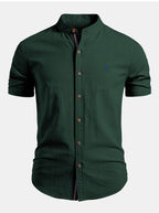 Dark Green Men's Linen Shirt with Mandarin Collar & Slim Everyday Fit — Archie - Front Plain
