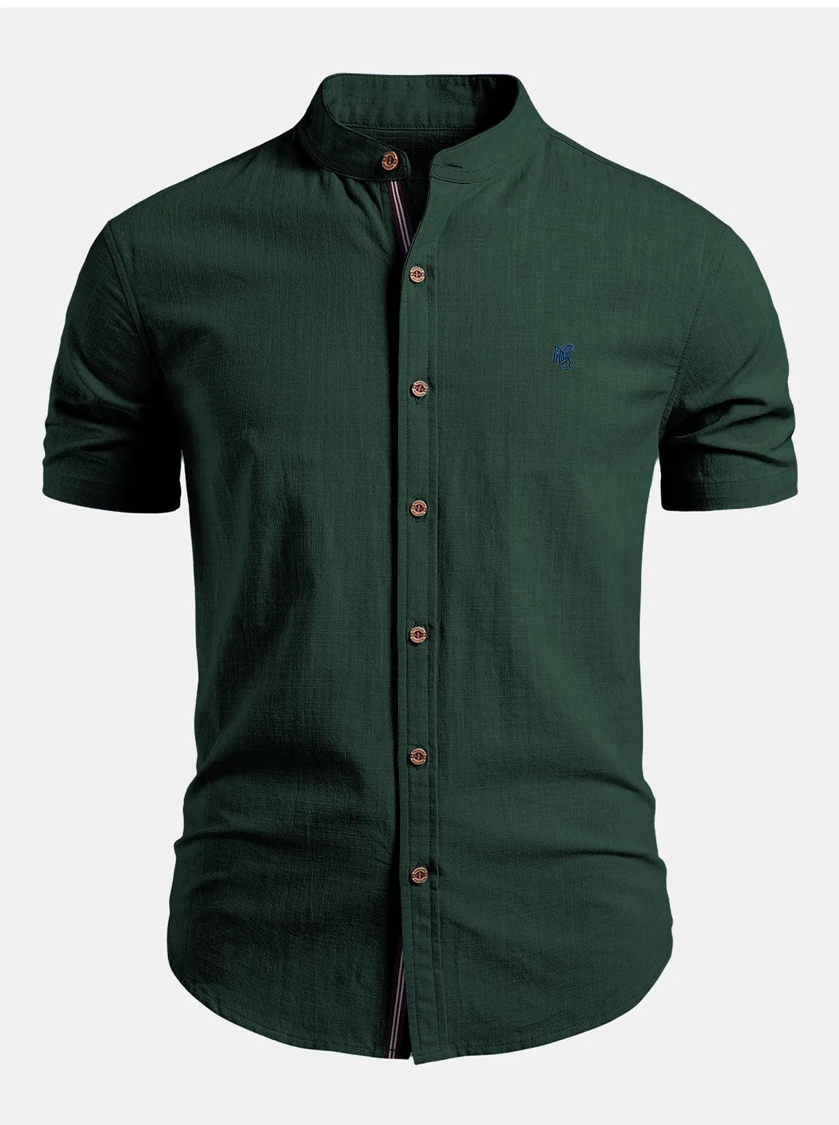 Dark Green Men's Linen Shirt with Mandarin Collar & Slim Everyday Fit — Archie - Front Plain