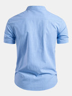 White Men's Linen Shirt with Mandarin Collar & Slim Everyday Fit — Archie - Back Full