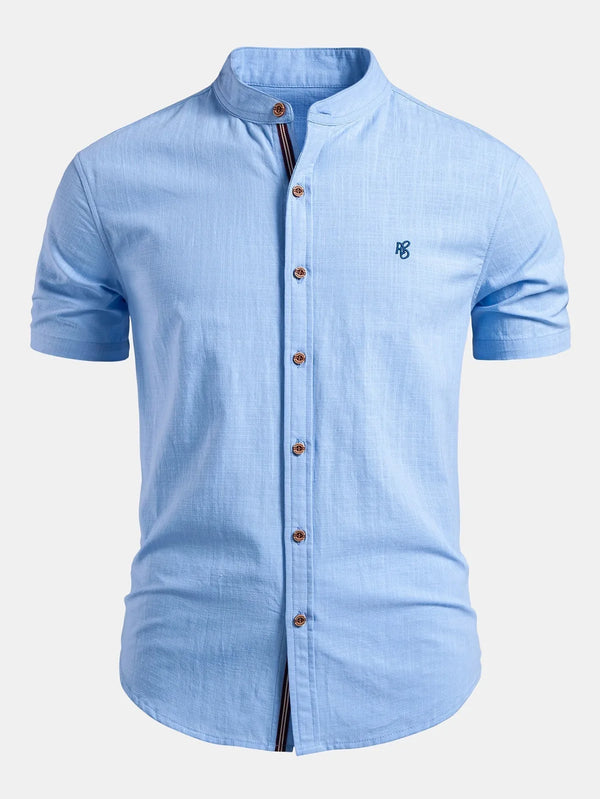 White Men's Linen Shirt with Mandarin Collar & Slim Everyday Fit — Archie - Front Full
