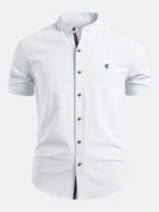 White Men's Linen Shirt with Mandarin Collar & Slim Everyday Fit — Archie